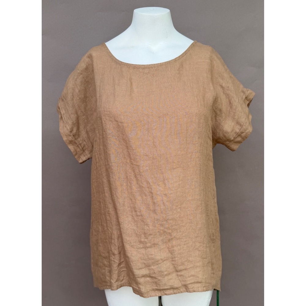 Terzo Millennio Linen Button Back Blouse Top Medium Tan Made Italy Boho Coastal